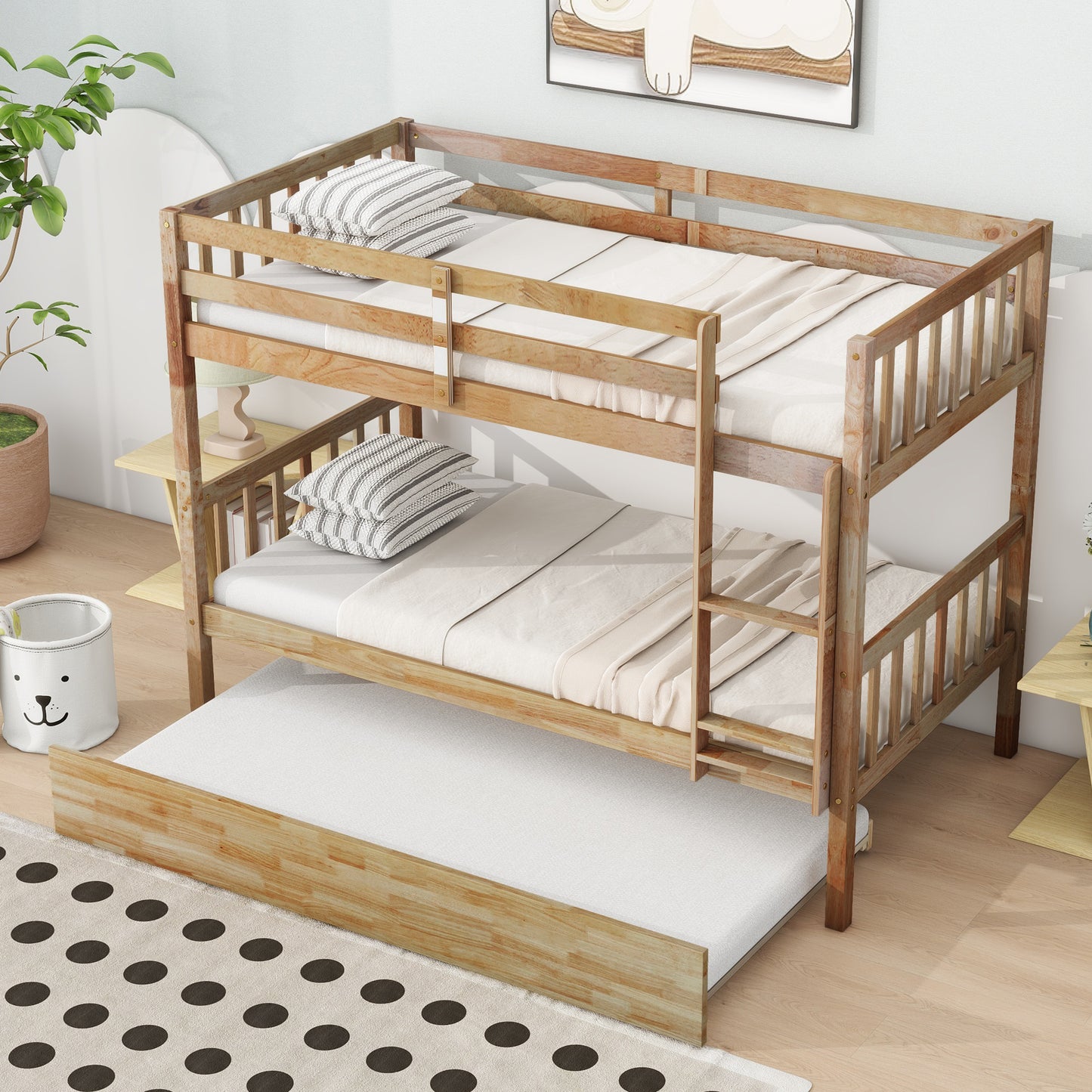 Sesslife Twin Over Twin Bunk Bed with Trundle, Wood Twin Over Twin Convertible Bunk Bed with Guardrails, Ladder, Bunk Bed for Kids, Dorm, Bedroom, White
