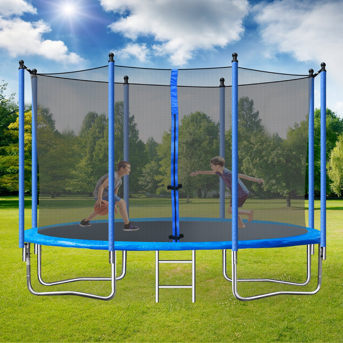 14FT Trampoline with Enclosure, Upgraded Kids Trampoline with Basketball Hoop and Non-slip Ladder