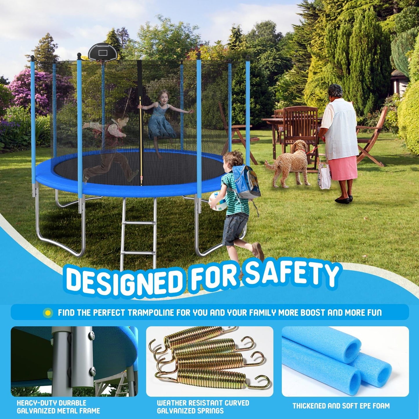 Trampoline with Enclosure, 14FT Trampoline with Non-slip Ladder, Backyard Patio Family Outdoor Recreational Trampoline, Including All Accessories