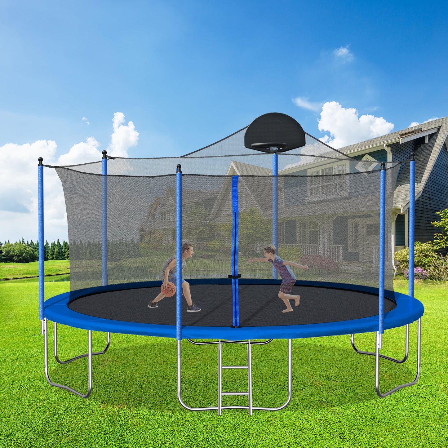 14FT Trampoline with Enclosure, Upgraded Kids Trampoline with Basketball Hoop and Non-slip Ladder, Backyard Patio Family Outdoor Recreational Trampoline