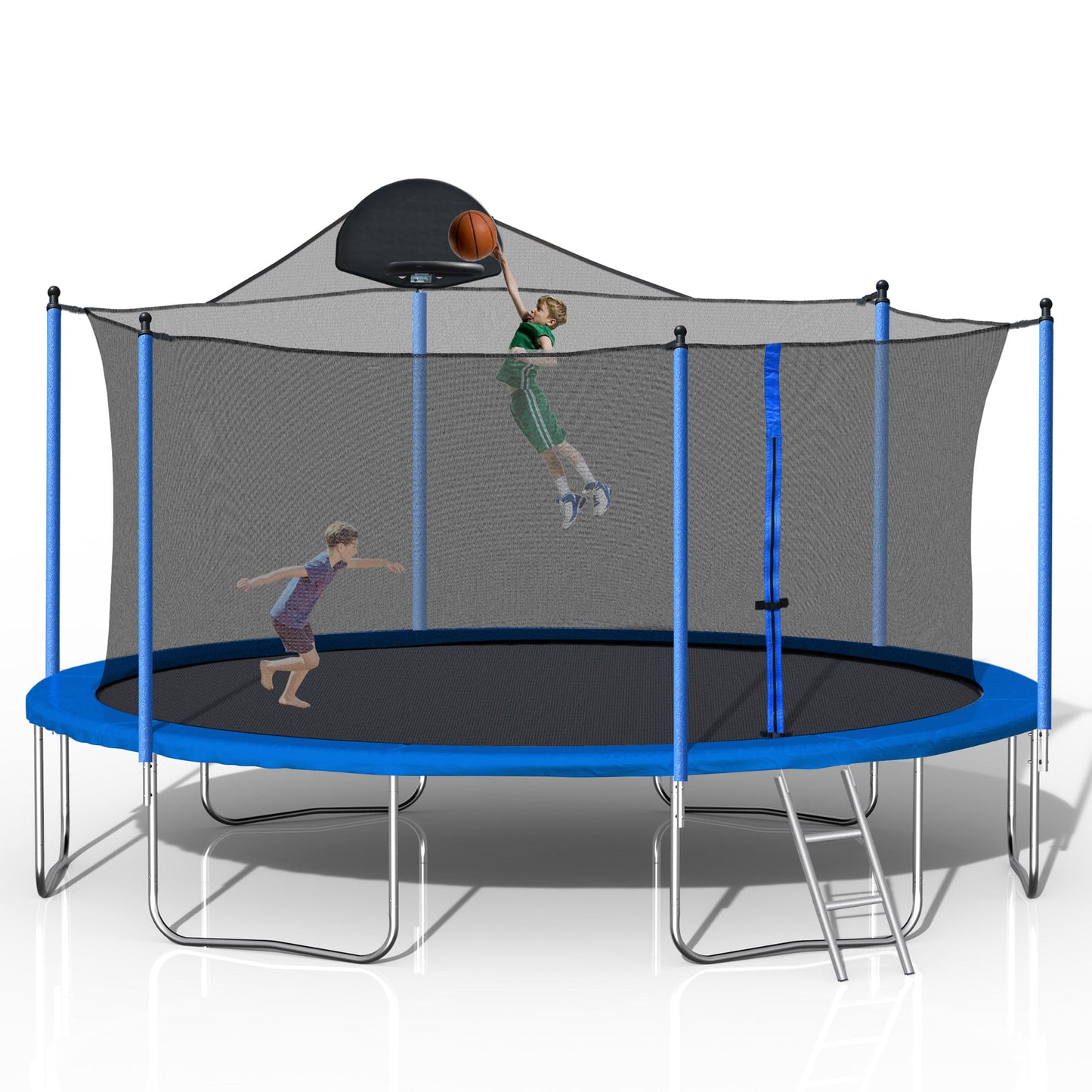 14FT Trampoline with Enclosure, Upgraded Kids Trampoline with Basketball Hoop and Non-slip Ladder, Backyard Patio Family Outdoor Recreational Trampoline