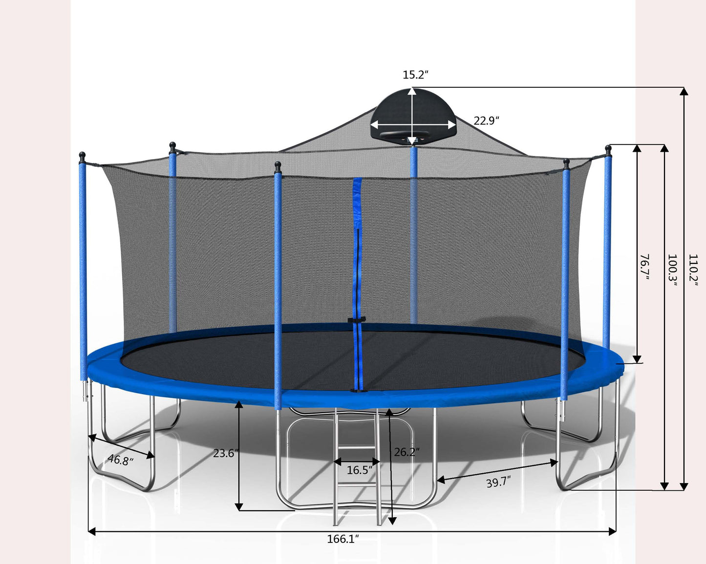 14FT Trampoline with Enclosure, Upgraded Kids Trampoline with Basketball Hoop and Non-slip Ladder, Backyard Patio Family Outdoor Recreational Trampoline