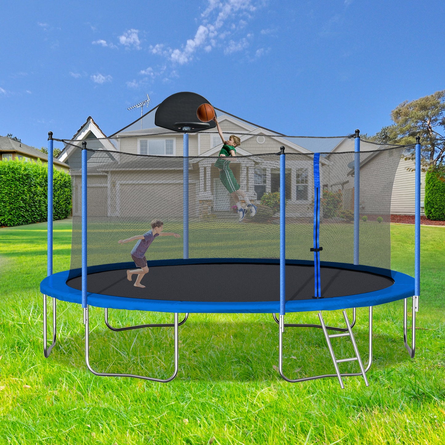 14FT Trampoline with Enclosure, Upgraded Kids Trampoline with Basketball Hoop and Non-slip Ladder