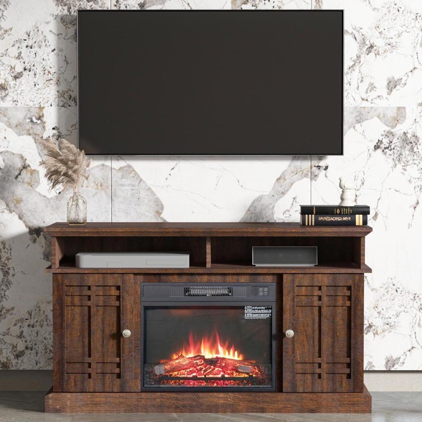 58" Electric Fireplace Heater TV Stand for 65" TVs, Wood Fake Fireplace Heater, Brown Electric Fireplace Entertainment Center with Doors and Adjustable Shelf