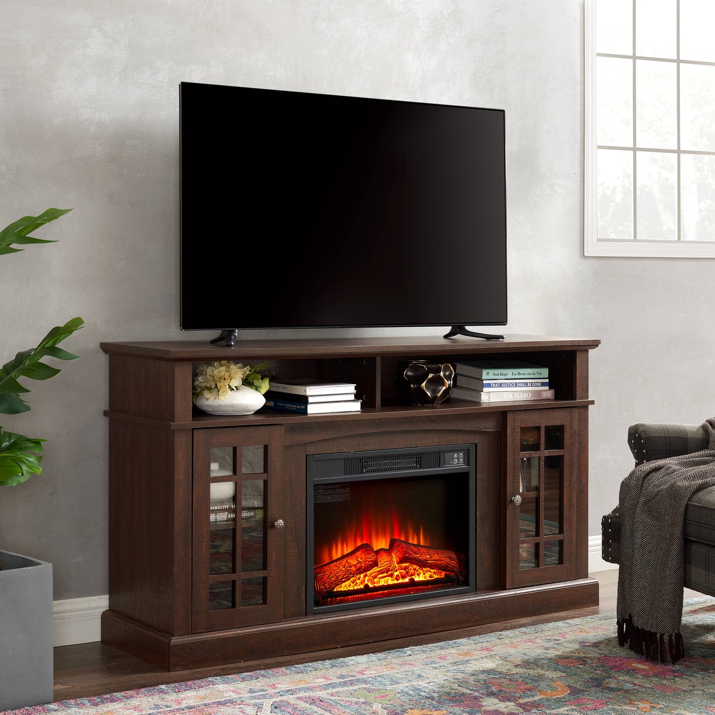 58" Electric Fireplace Heater TV Stand for 65" TVs, Wood Fake Fireplace Heater, Brown Electric Fireplace Entertainment Center with Doors and Adjustable Shelf