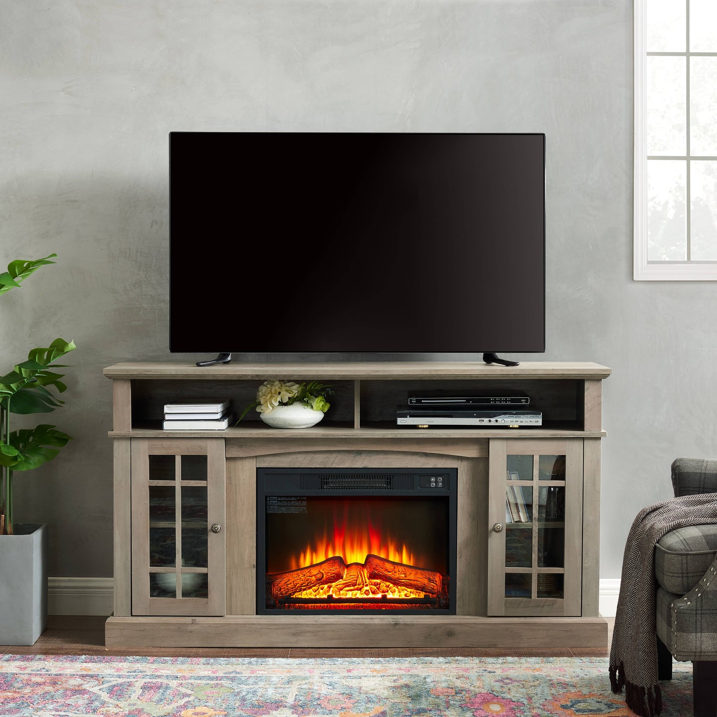 58" Electric Fireplace Heater TV Stand for 65" TVs, Wood Fake Fireplace Heater, Brown Electric Fireplace Entertainment Center with Doors and Adjustable Shelf