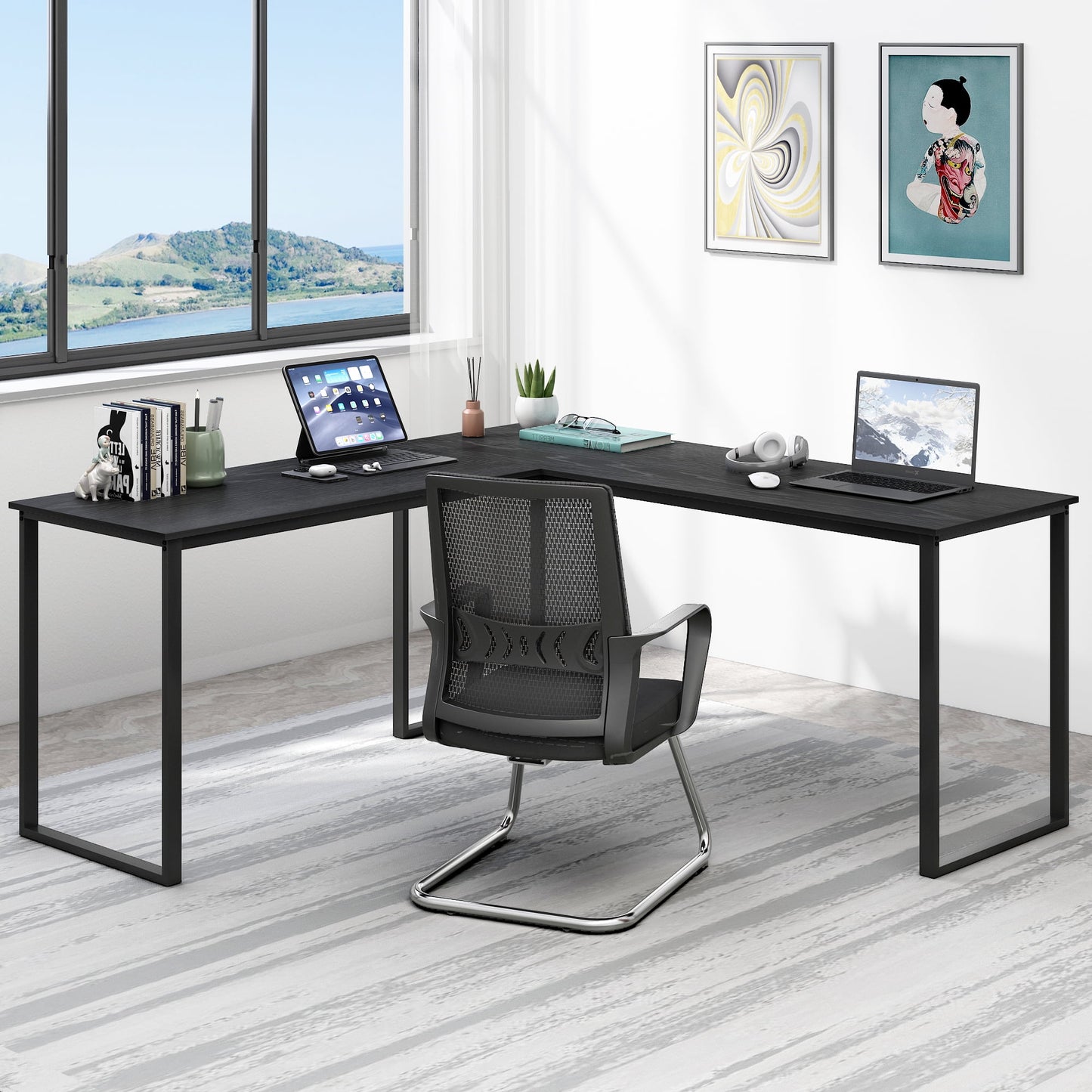 58" L Shaped Gaming Desk, Modern Style Computer Desk for Home Office, Beige Wood Sturdy Home Office Writing Corner Computer Desk