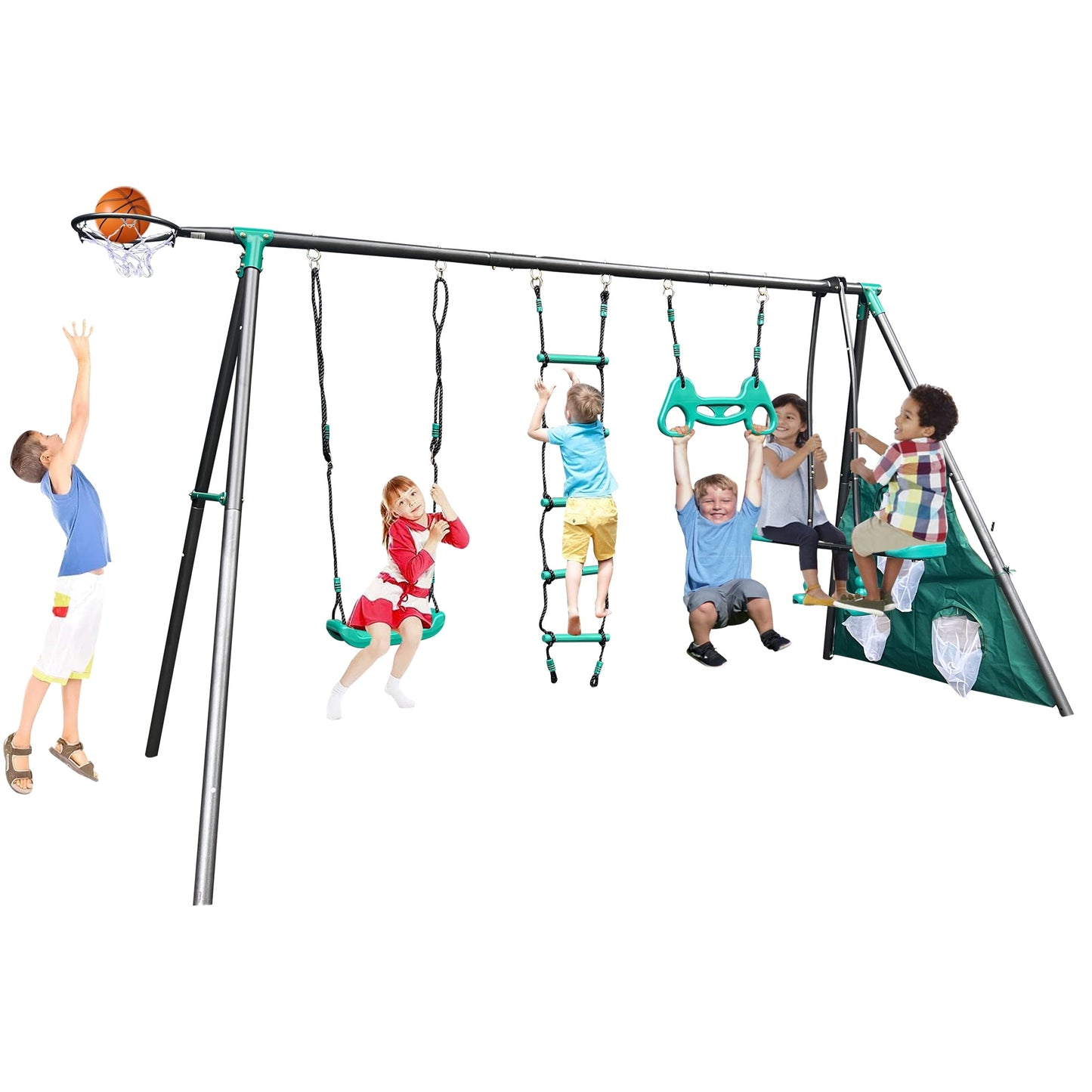 Metal Swing Set for Outside, Kids Backyard Swing Set with Swing Chair, Glider, Ground Nail, 3 In 1 Outdoor Swing Set