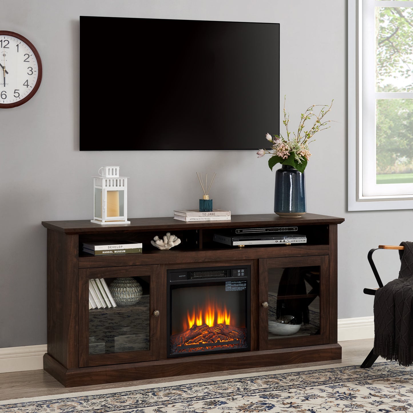 58" Electric Fireplace Heater TV Stand for 65" TVs, Wood Fake Fireplace Heater, Brown Electric Fireplace Entertainment Center with Doors and Adjustable Shelf