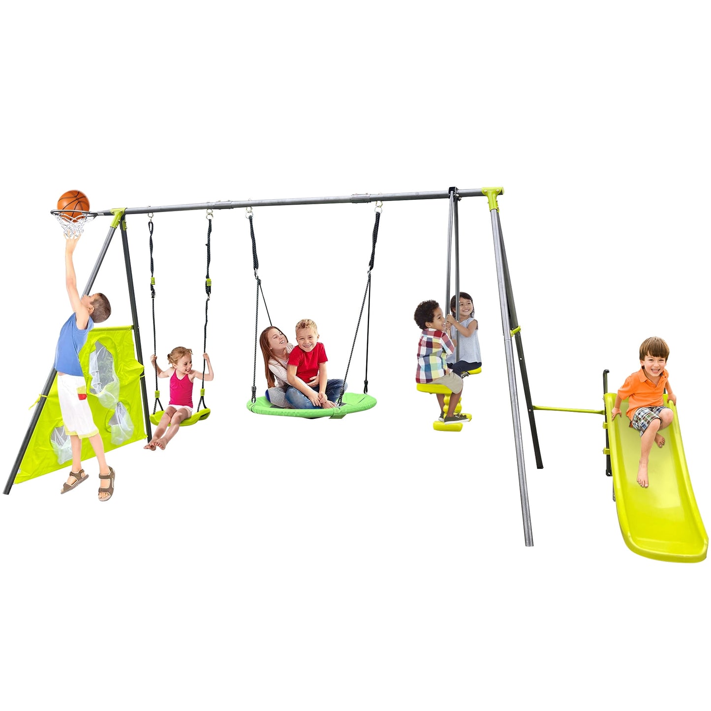 Metal Swing Set for Outside, Kids Backyard Swing Set with Swing Chair, Glider, Ground Nail, 3 In 1 Outdoor Swing Set