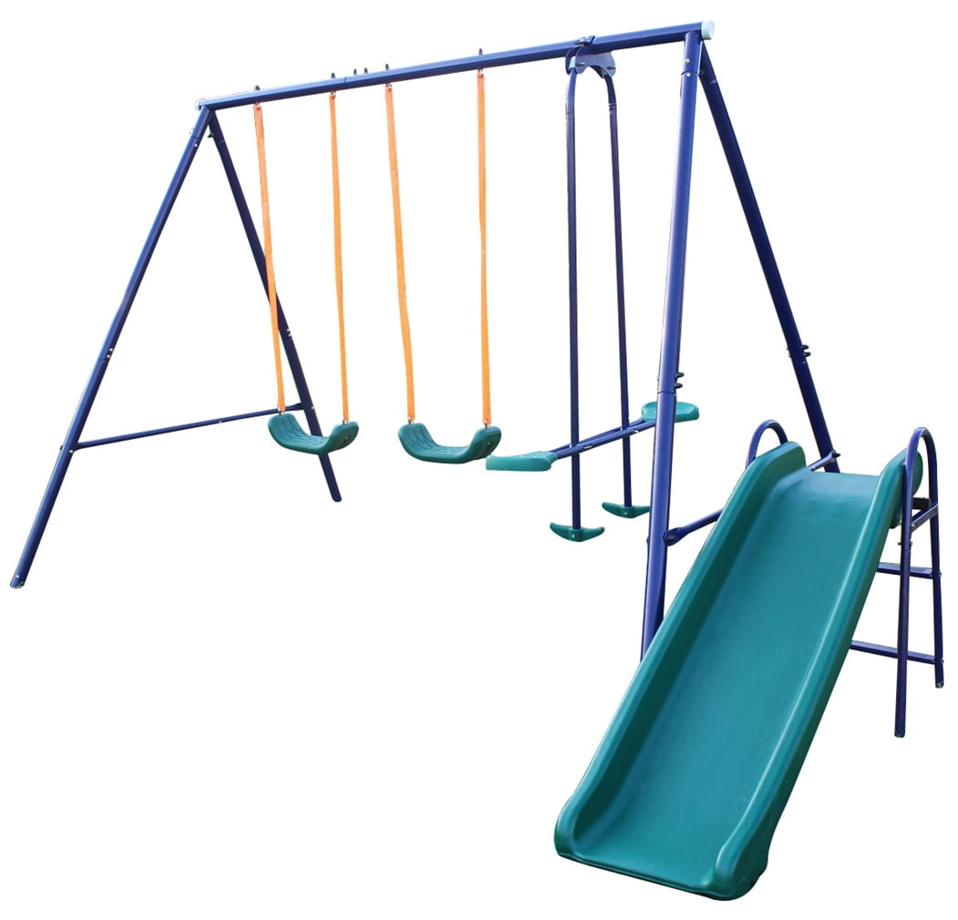 Outdoor Swing Sets for Kids, Kids Swing Frame with Ground Nail, Heavy-Duty Metal Swing, with Teeter-totter, Glider Set, A-Frame Swing Stand, Outdoor Play Equipment Swing Set for 3-8 Year