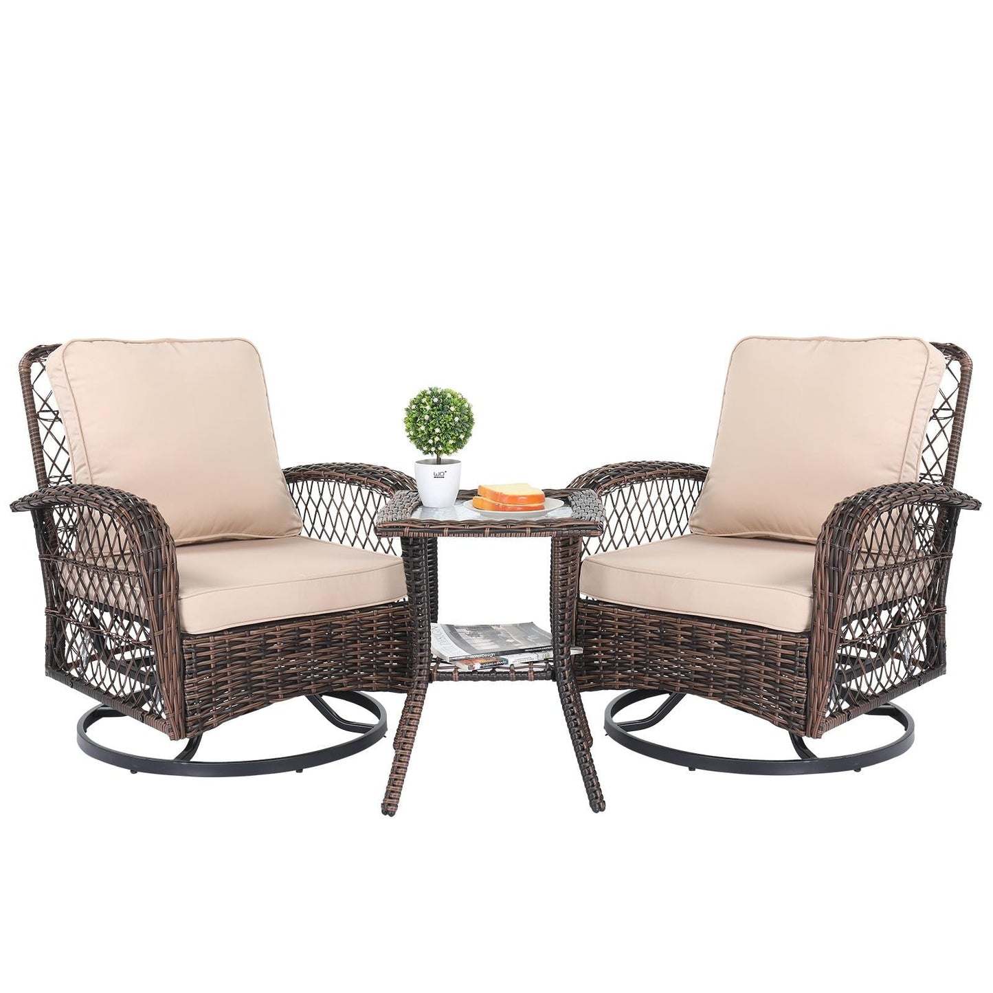 Swivel Patio Chairs Set, 3 Pieces Outdoor Swivel Gliders Rocker Furniture Set with Side Table, 360° Rocking Patio Conversation Set for Porch Poolside Backyard