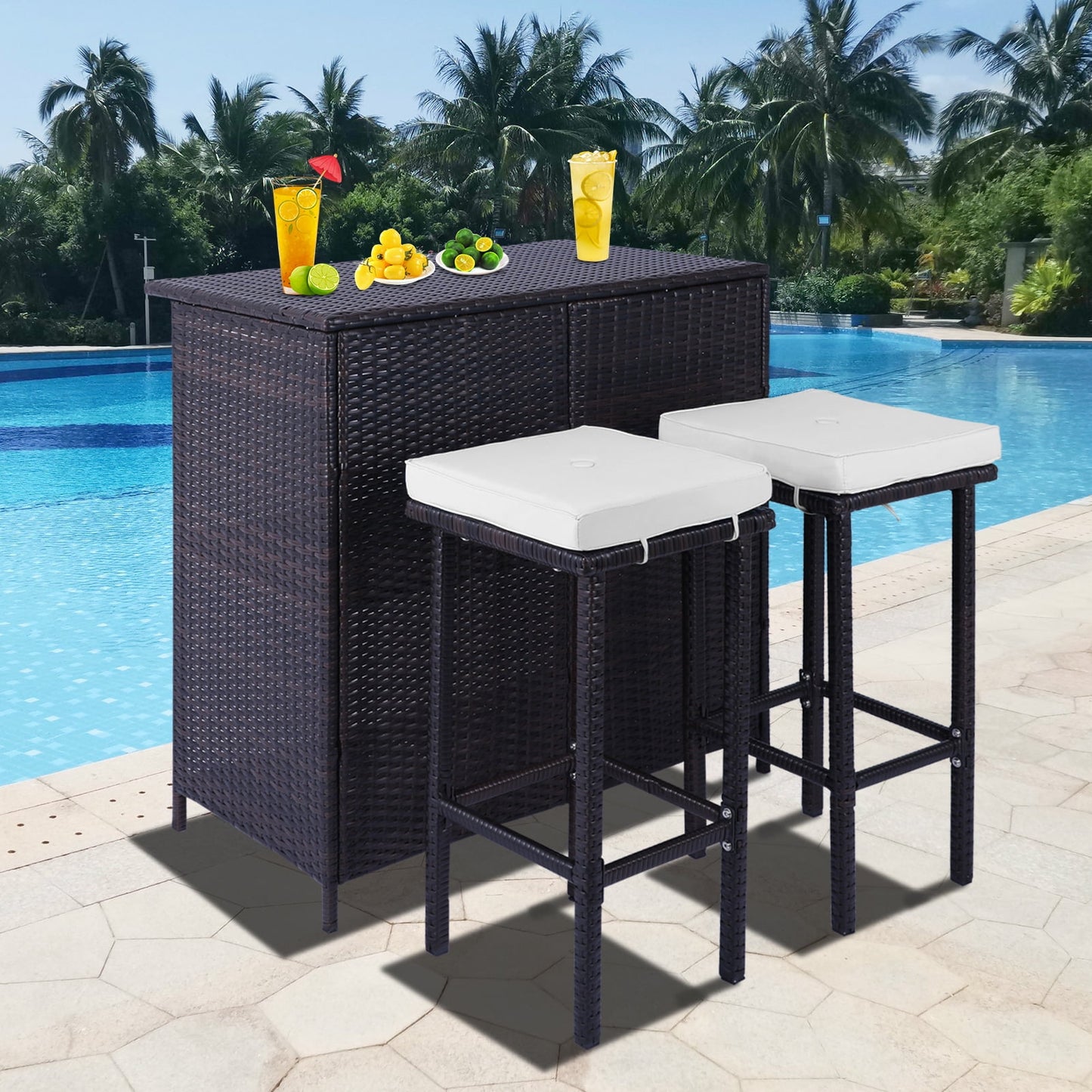 Sesslife Bar Height Outdoor Dining Table Set for 2, Rattan Patio Furniture Dining Table with 2 Stools, Lawn Garden Balcony Sectional Conversation Set