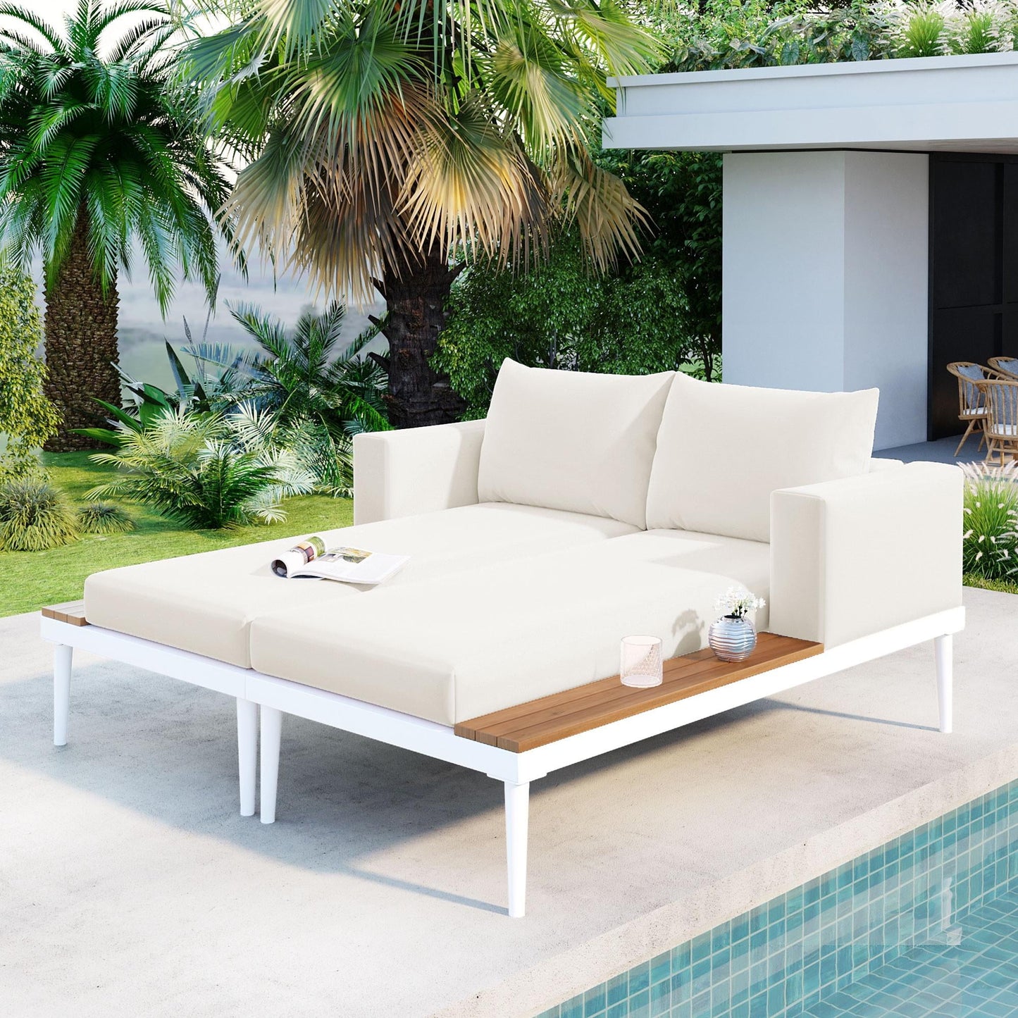 Metal Outdoor Daybed, 2 in 1 Padded Double Chaise Lounge Set with Wood Topped Side Spaces, Patio Sunbed Seating Set