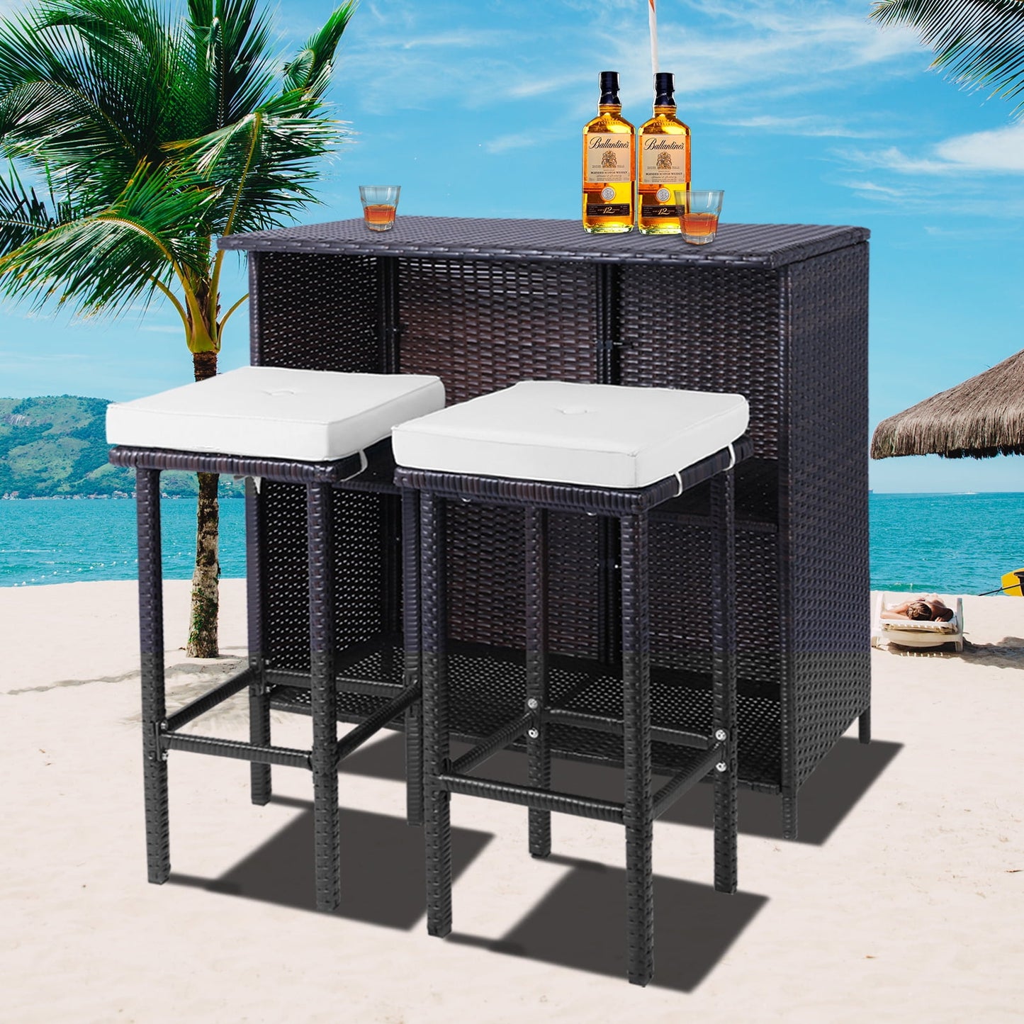 Sesslife Bar Height Outdoor Dining Table Set for 2, Rattan Patio Furniture Dining Table with 2 Stools, Lawn Garden Balcony Sectional Conversation Set