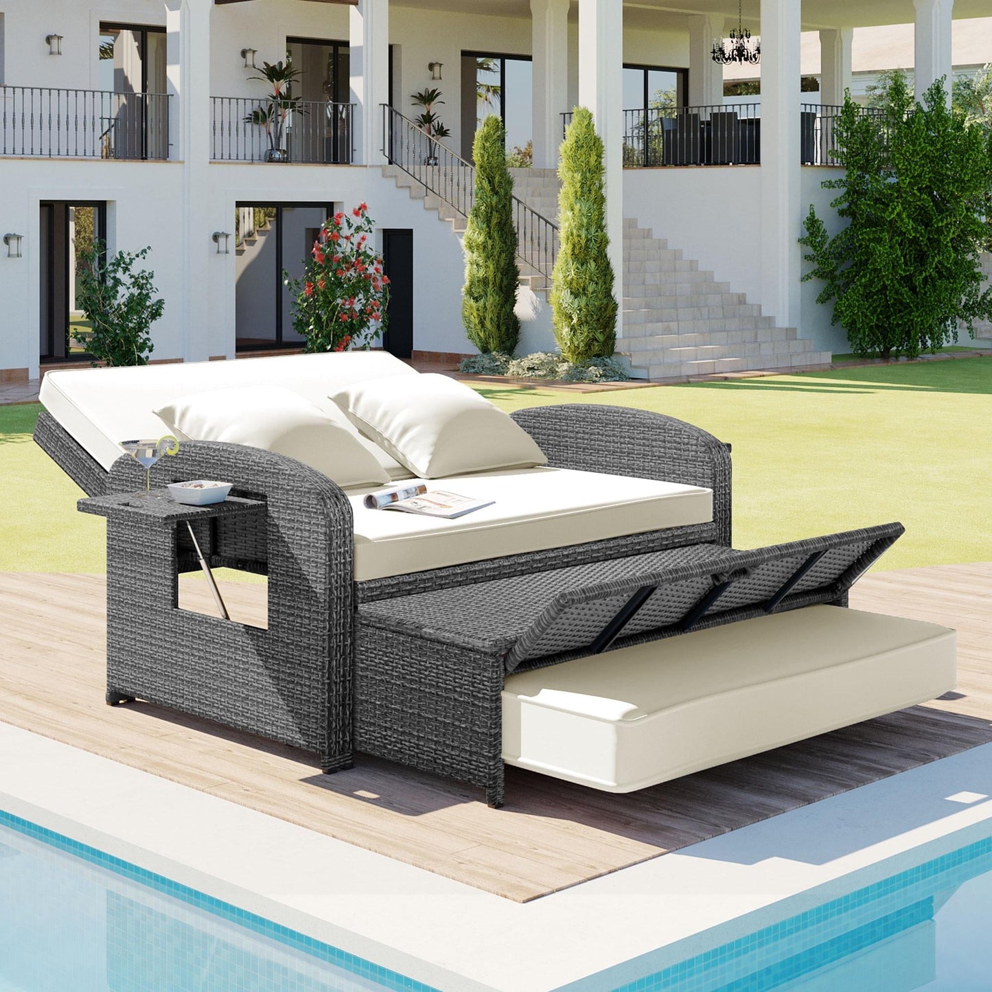 Rattan Double Chaise Lounge, 2-Person Reclining Outdoor Daybed with Adjustable Back, Cushions and Furniture Cover, Wicker Furniture,Patio Seating Set for Backyard Poolside Deck