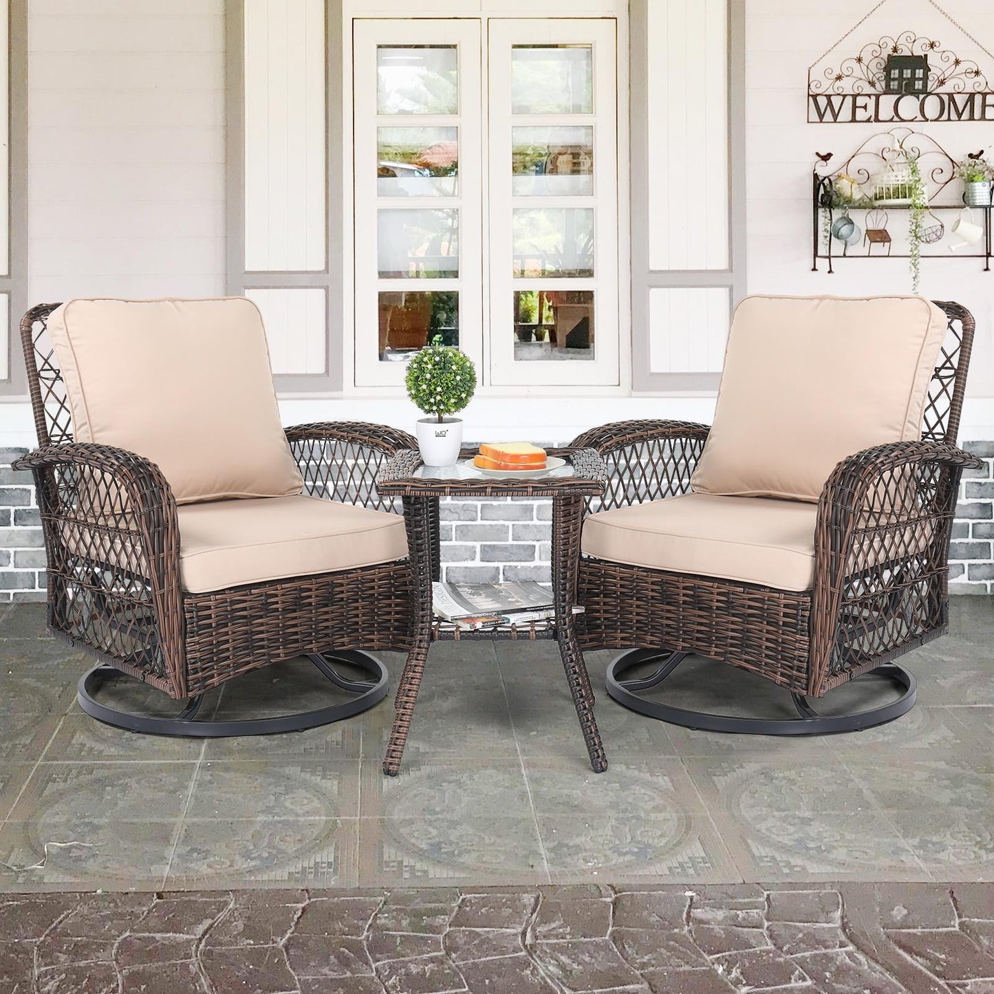 Swivel Patio Chairs Set, 3 Pieces Outdoor Swivel Gliders Rocker Furniture Set with Side Table, 360° Rocking Patio Conversation Set for Porch Poolside Backyard