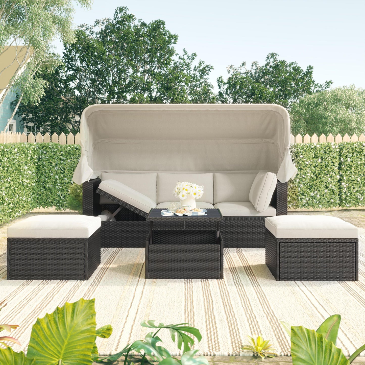 Outdoor Daybed with Retractable Canopy, Rectangle Rattan Daybed, Wicker Furniture Sectional Sofa Patio Seating Set with Cushions for Backyard Pool Deck