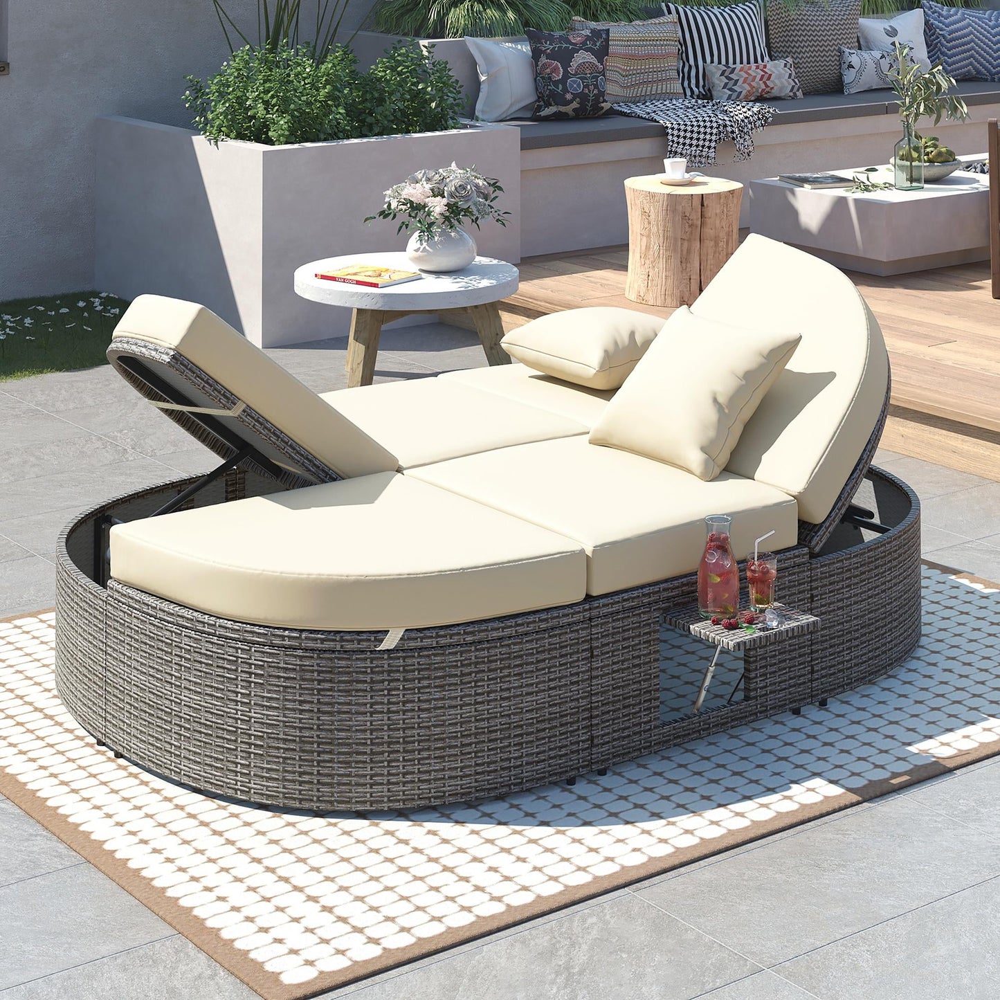 Outdoor Double Chaise Lounge, Patio Sunbed Conversation Set with Adjustable Sofa and Foldable Cup Trays, Wicker Furniture Patio Seating Set