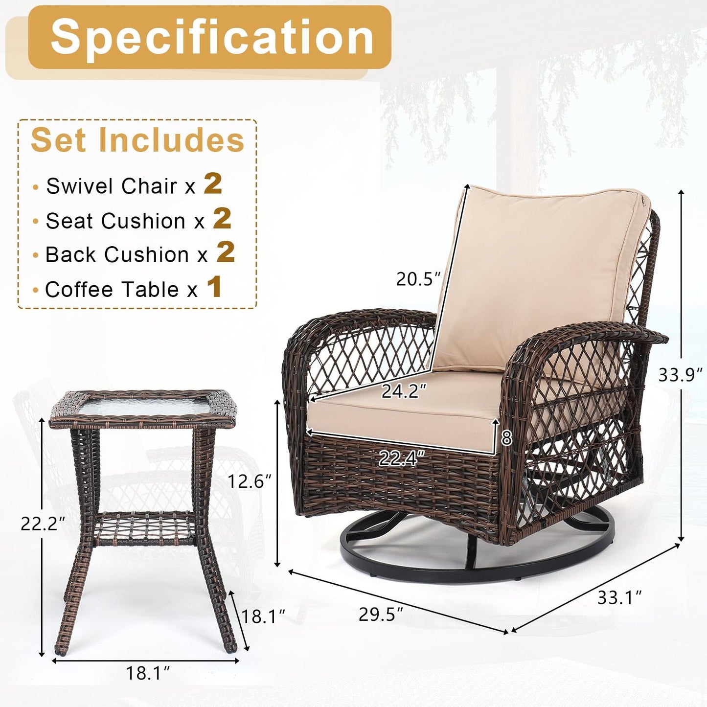 Swivel Patio Chairs Set, 3 Pieces Outdoor Swivel Gliders Rocker Furniture Set with Side Table, 360° Rocking Patio Conversation Set for Porch Poolside Backyard