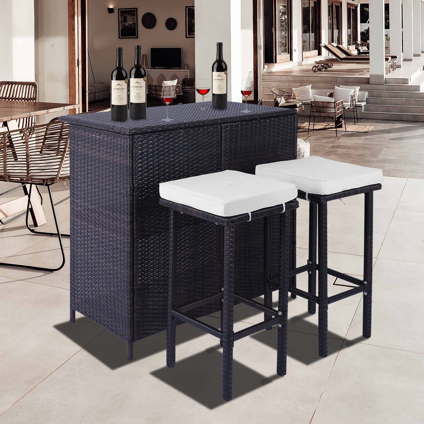 Sesslife Bar Height Outdoor Dining Table Set for 2, Rattan Patio Furniture Dining Table with 2 Stools, Lawn Garden Balcony Sectional Conversation Set