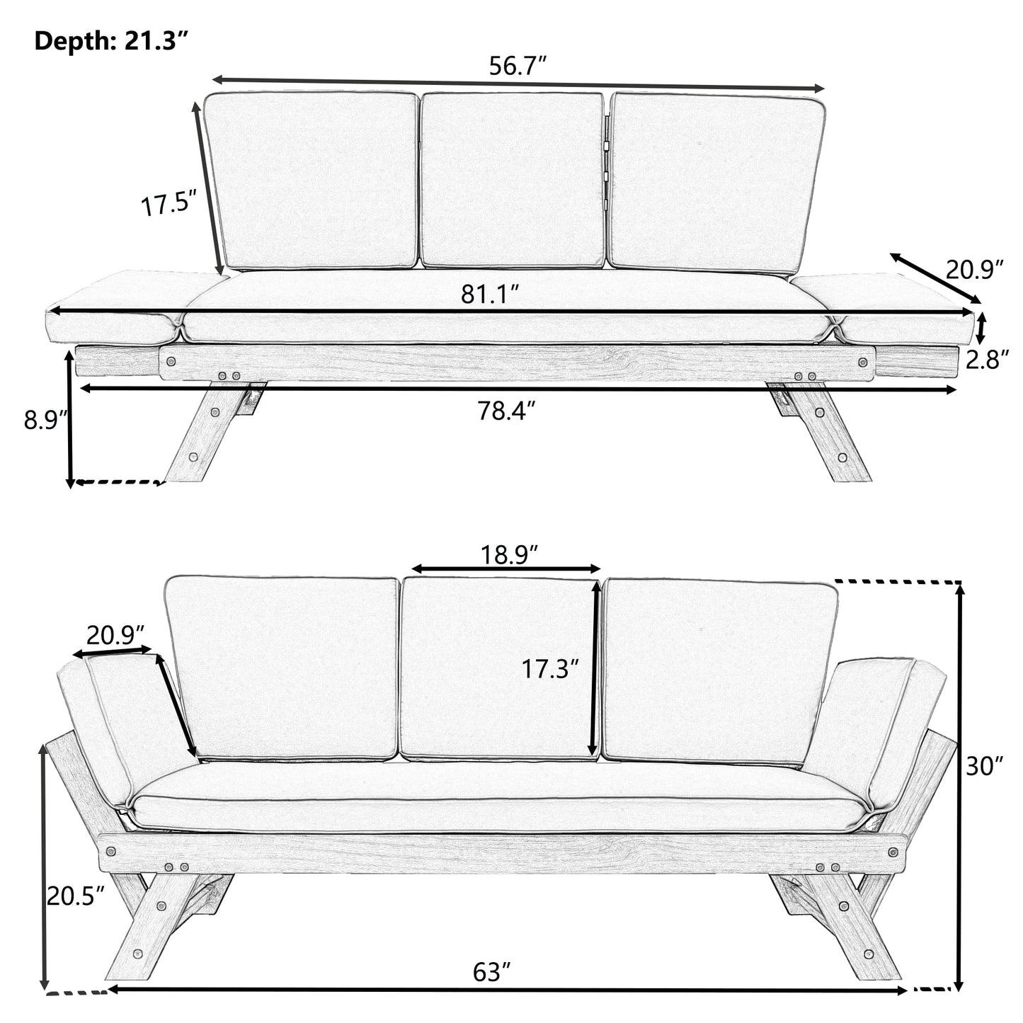 Patio Sectional Furniture Outdoor Couch, Wood Futon Sofa Adjustable Lounge Chair, Deck Poolside Garden Daybed Sofa with Cushions