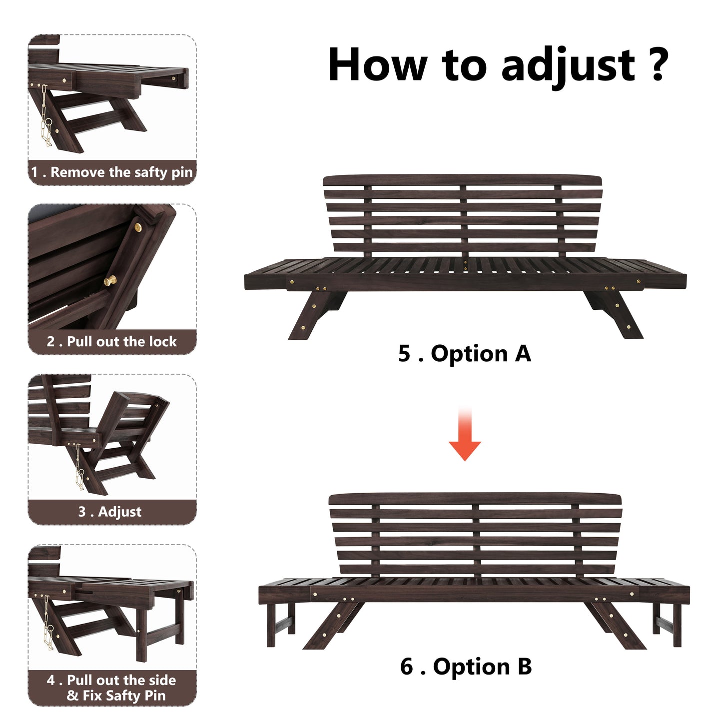 Patio Sectional Furniture Outdoor Couch, Wood Futon Sofa Adjustable Lounge Chair, Deck Poolside Garden Daybed Sofa with Cushions