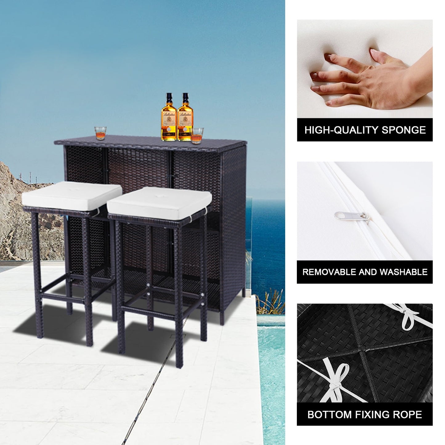 Sesslife Bar Height Outdoor Dining Table Set for 2, Rattan Patio Furniture Dining Table with 2 Stools, Lawn Garden Balcony Sectional Conversation Set