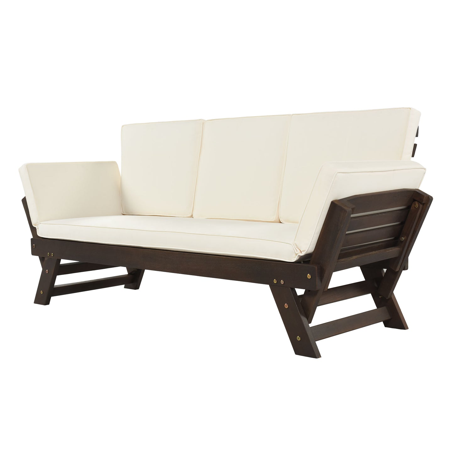 Patio Sectional Furniture Outdoor Couch, Wood Futon Sofa Adjustable Lounge Chair, Deck Poolside Garden Daybed Sofa with Cushions