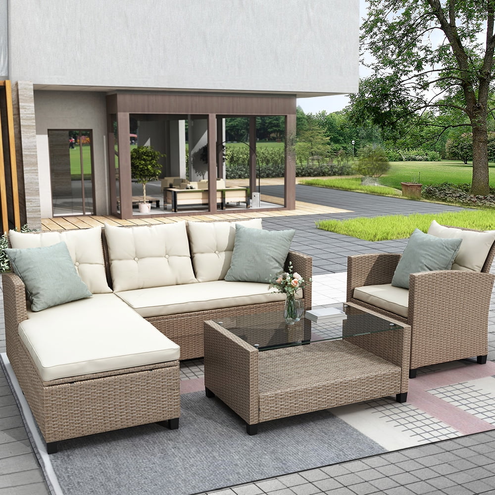 4 Pieces Patio Conversation Sets, All Weather Wicker Sofa Outdoor Furniture Set with Lounge Sofa and Glass Table, Modern Outside Lawn Deck Furniture Set