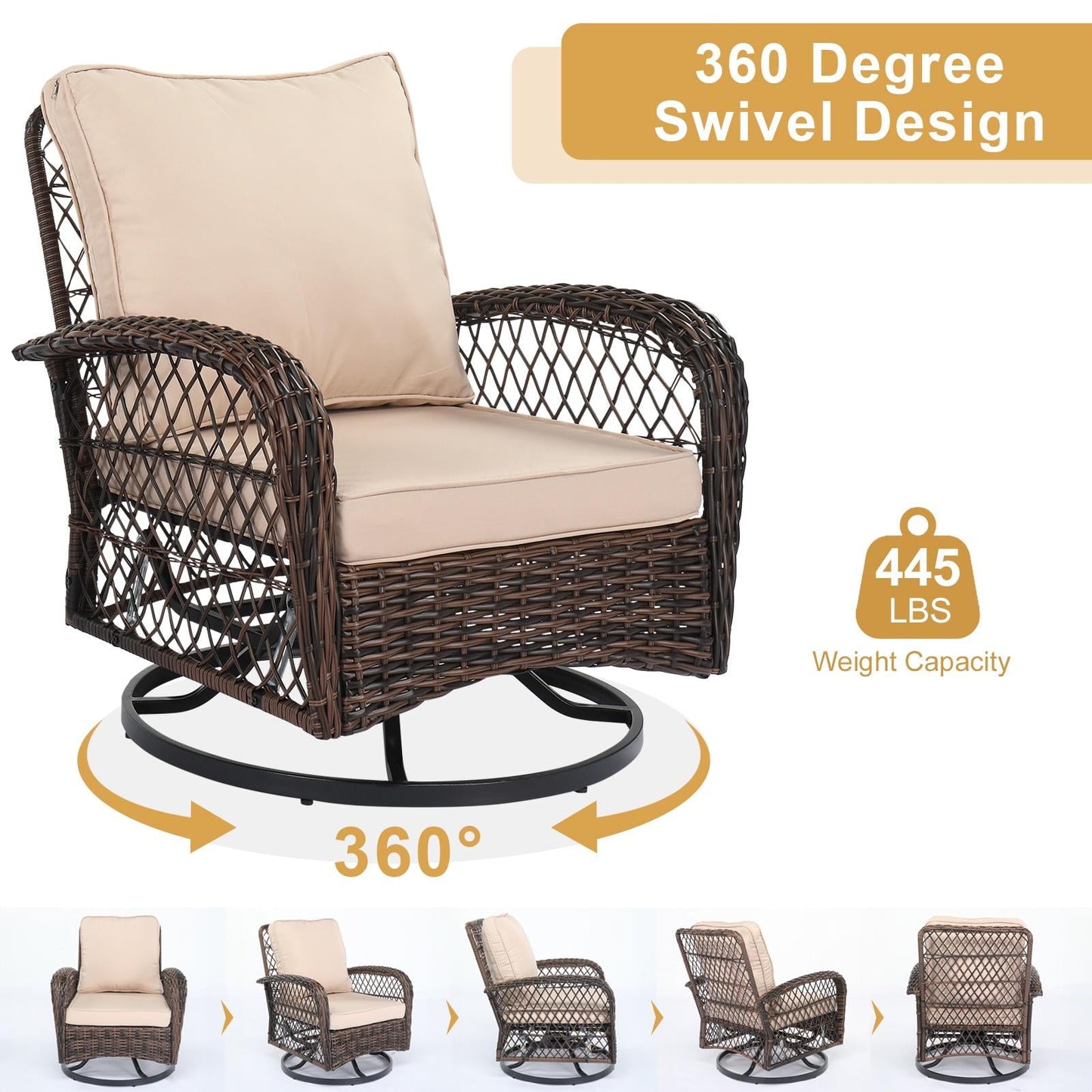 Swivel Patio Chairs Set, 3 Pieces Outdoor Swivel Gliders Rocker Furniture Set with Side Table, 360° Rocking Patio Conversation Set for Porch Poolside Backyard