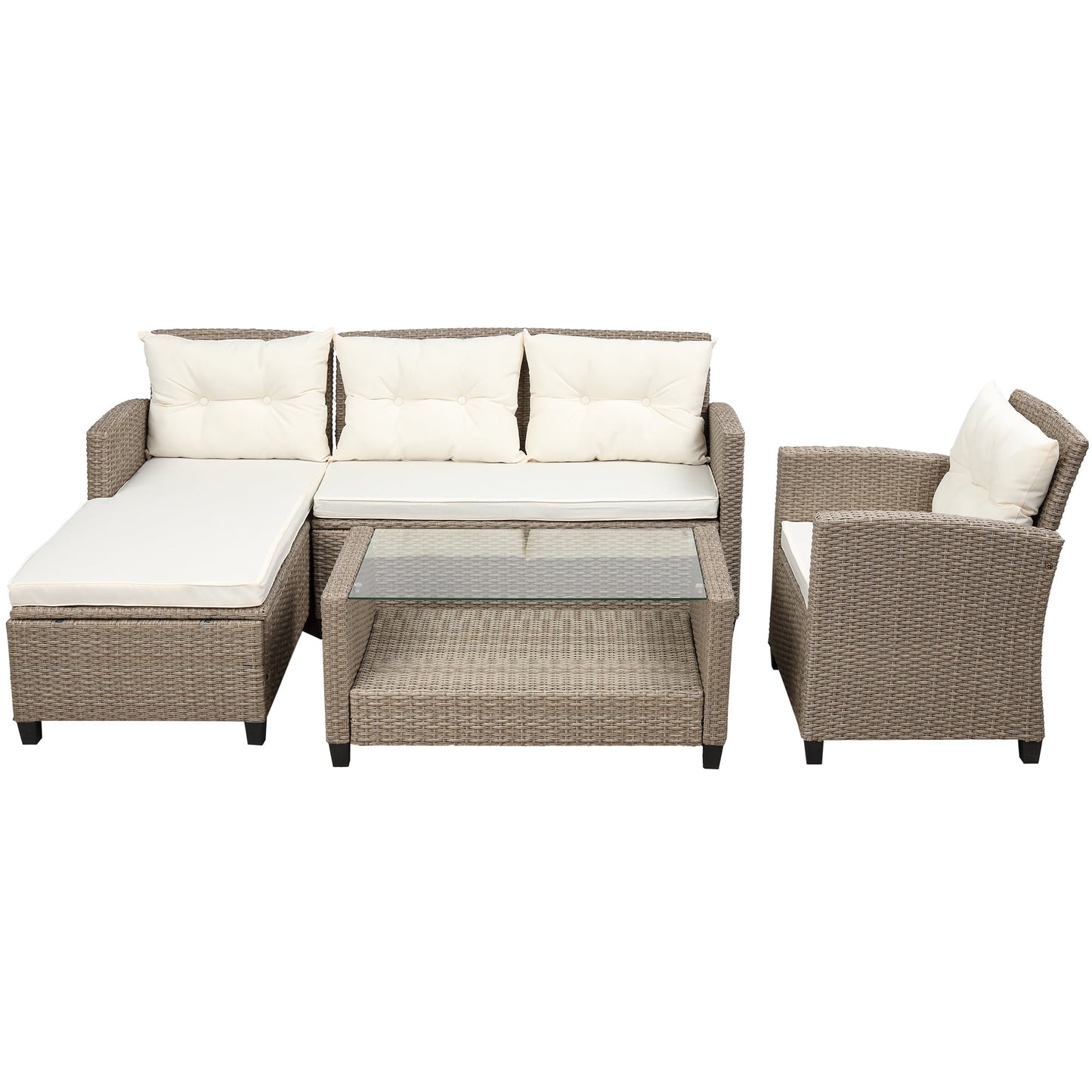 4 Pieces Patio Conversation Sets, All Weather Wicker Sofa Outdoor Furniture Set with Lounge Sofa and Glass Table, Modern Outside Lawn Deck Furniture Set