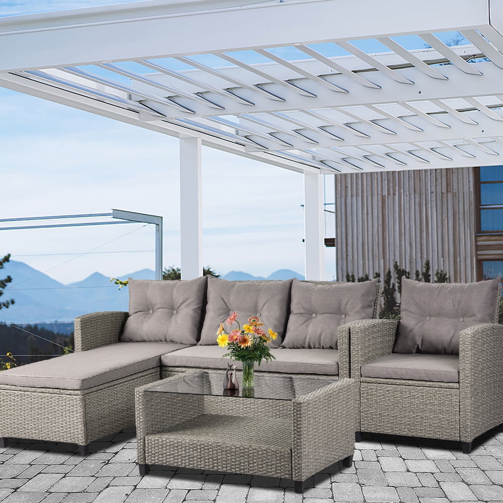 4 Pieces Patio Conversation Sets, All Weather Wicker Sofa Outdoor Furniture Set with Lounge Sofa and Glass Table, Modern Outside Lawn Deck Furniture Set