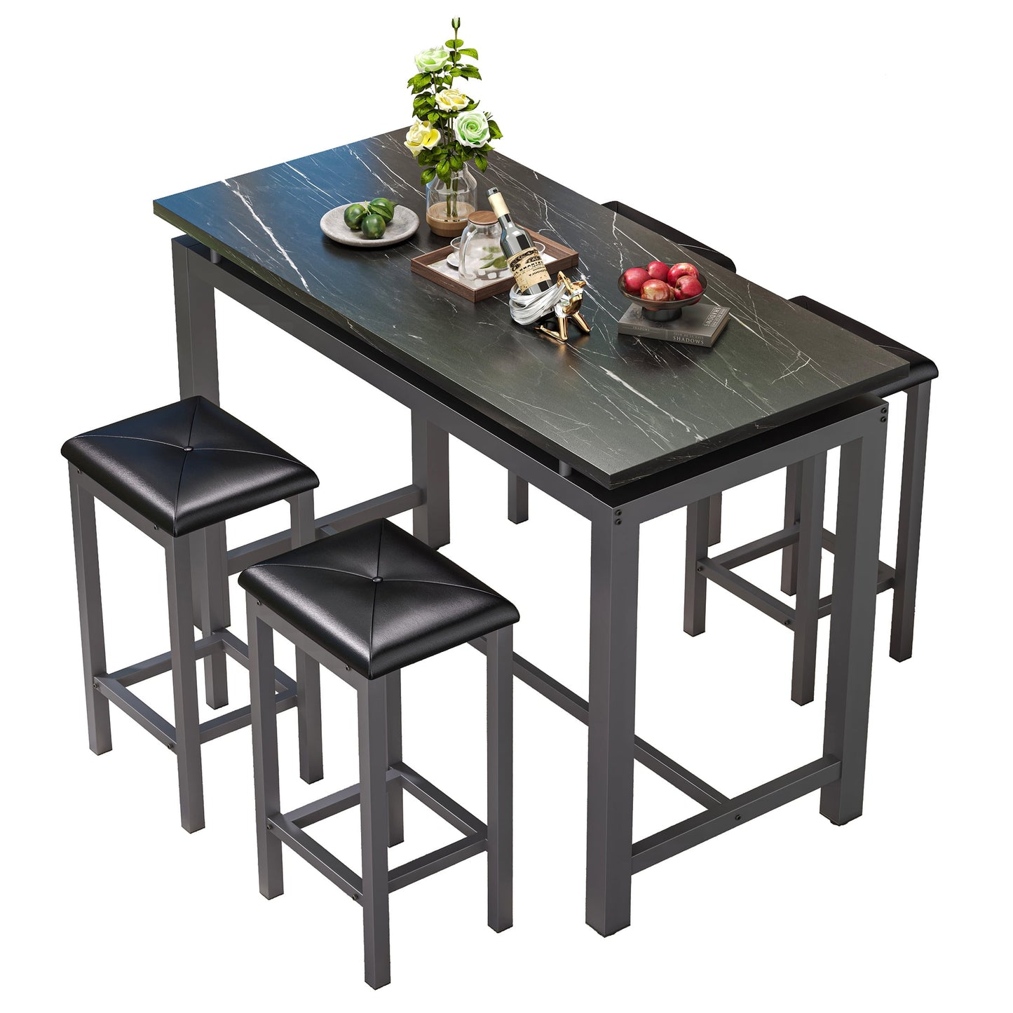 5 Piece Dining Table Set, Counter Height Table Set with 4 Padded Stools, Multipurpose Bistro Table Set for Dining Room, Living Room, Breakfast Nook, Black