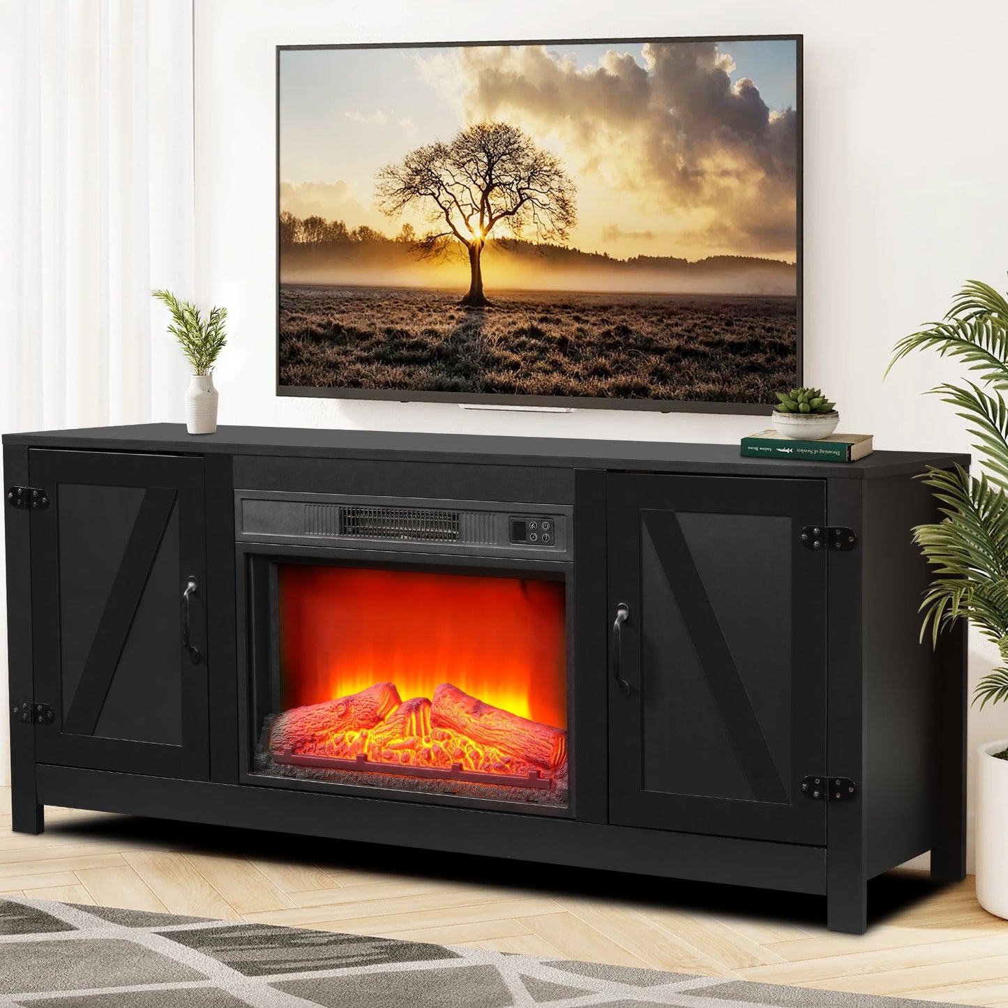 58" Electric Fireplace Heater TV Stand for 65" TVs, Wood Fake Fireplace Heater, Brown Electric Fireplace Entertainment Center with Doors and Adjustable Shelf
