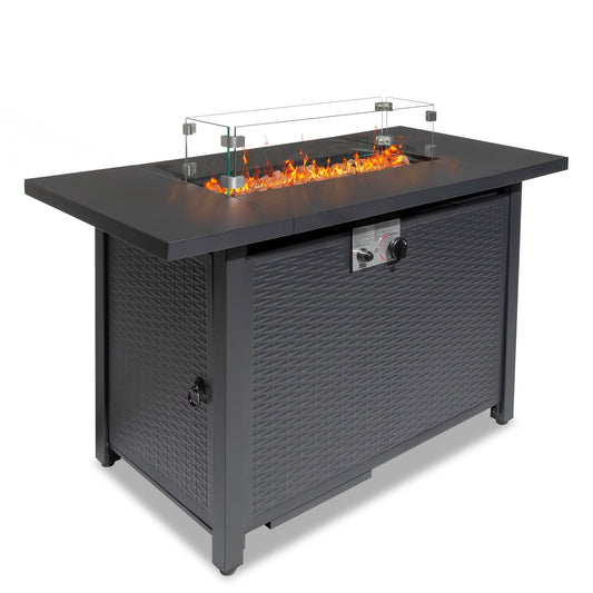 44" Outdoor Propane Fire Pit, Pe Wicker Gas Fire Pit Table with Glass Wind Guard and Waterproof Cover, 50,000 BTU & Auto-Ignition, DT5