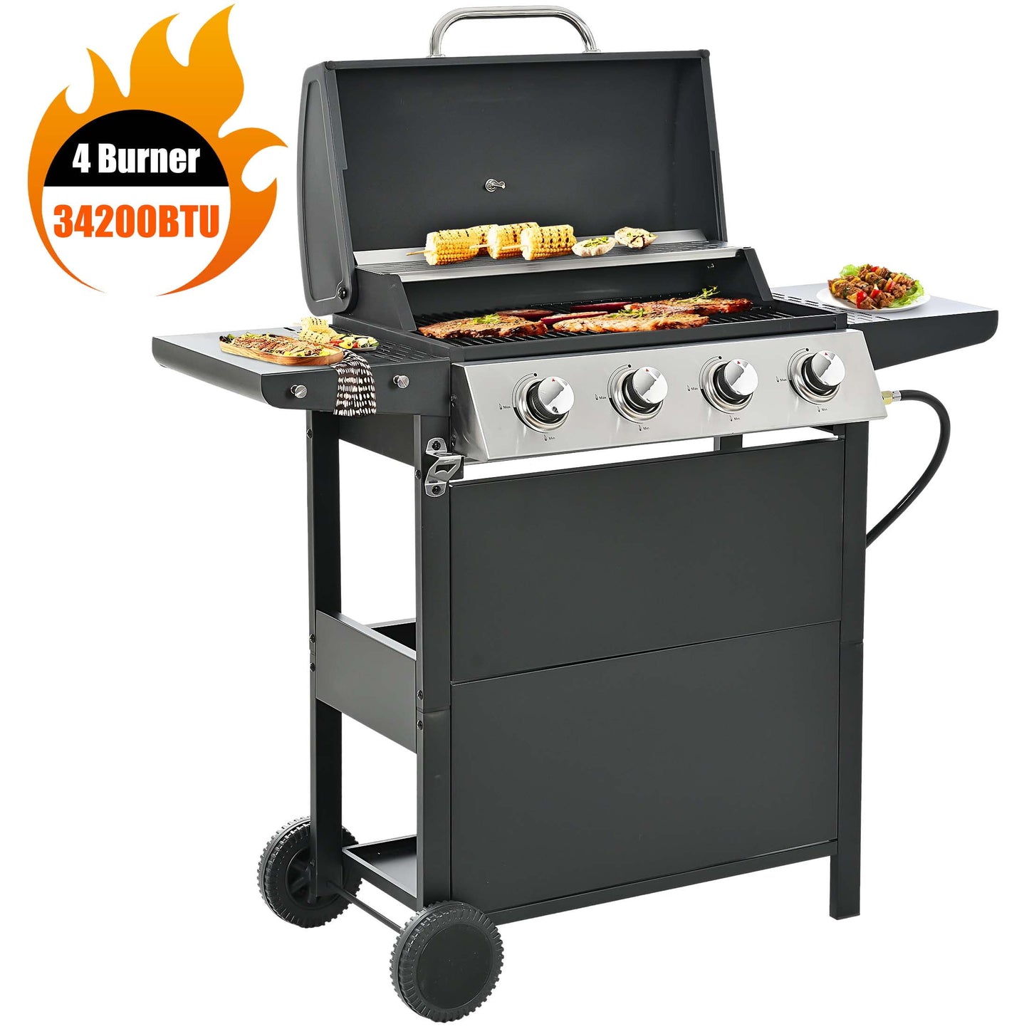 4 Burner Stainless Steel Propane Gas Grill, Barbecue Gas Grill with Side Burner and Thermometer, 34200BTU Outdoor BBQ Camping Grill