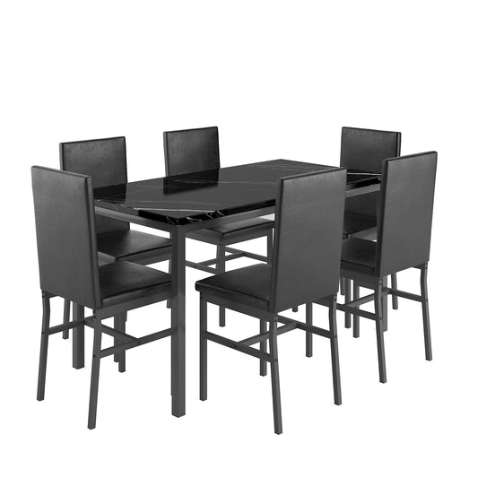 Dining Room Table Set for 6, Wooden Kitchen Table and Chairs Set, Including 6 Upholstered Chairs, MDF Tabletop Rectangular Table, Traditional Rustic, Black