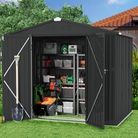 8ft x 6ft Outdoor Storage Shed with Foundation, Large Metal Garden Storage Shed, Lockable Door Garage Patio Tool Sheds for Lawnmower, Garden Tools, Bike and Garbage Can, Black