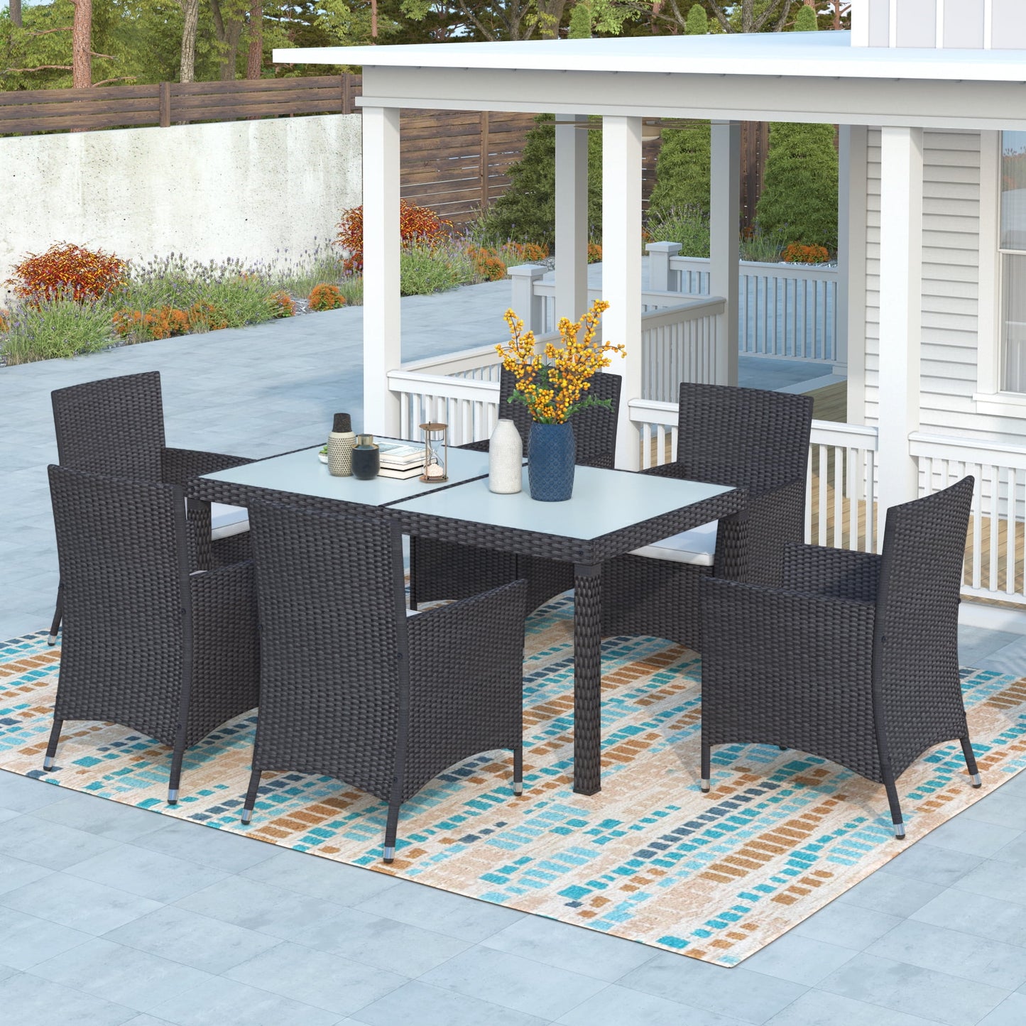 7 Piece Patio Table and Chairs, All Weather Wicker Outdoor Furniture Dining Set with 6 Chairs and Removable Cushions, Patio Seating Sets for Backyards, Porches, Lawn