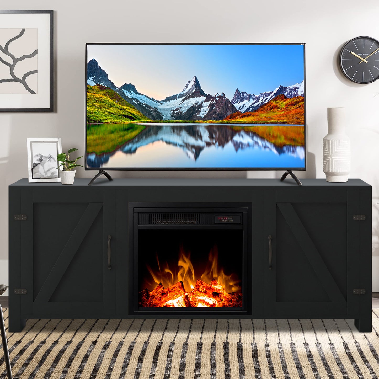 58" Electric Fireplace Heater TV Stand for 65" TVs, Wood Fake Fireplace Heater, Brown Electric Fireplace Entertainment Center with Doors and Adjustable Shelf