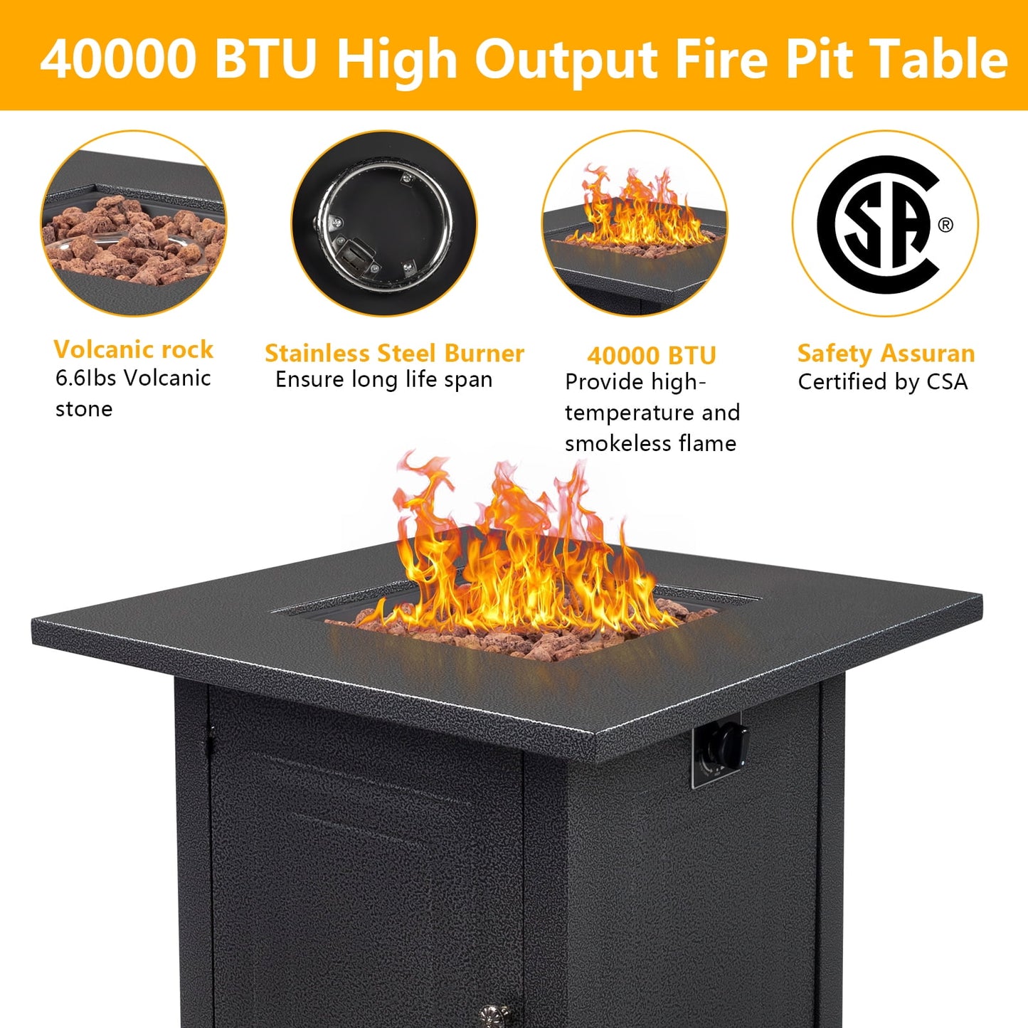 28" Gas Fire Pit Table, 40000 BTU Square Propane Fire Pit Table for Courtyard/Balcony/Garden/Patio, DT24