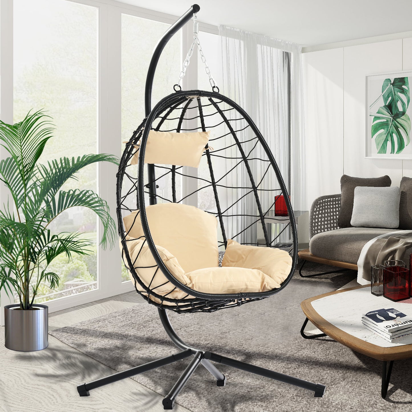 Outdoor Egg Chair, Patio Wicker Swing Egg Chair with Stand, Steel Frame Hanging Chair with Soft Cushion and Pillow for Bedroom Patio Balcony