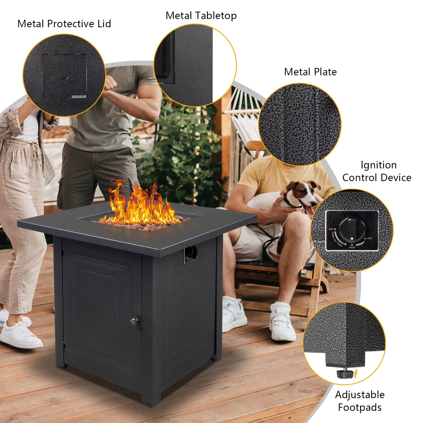 28" Gas Fire Pit Table, 40000 BTU Square Propane Fire Pit Table for Courtyard/Balcony/Garden/Patio, DT24