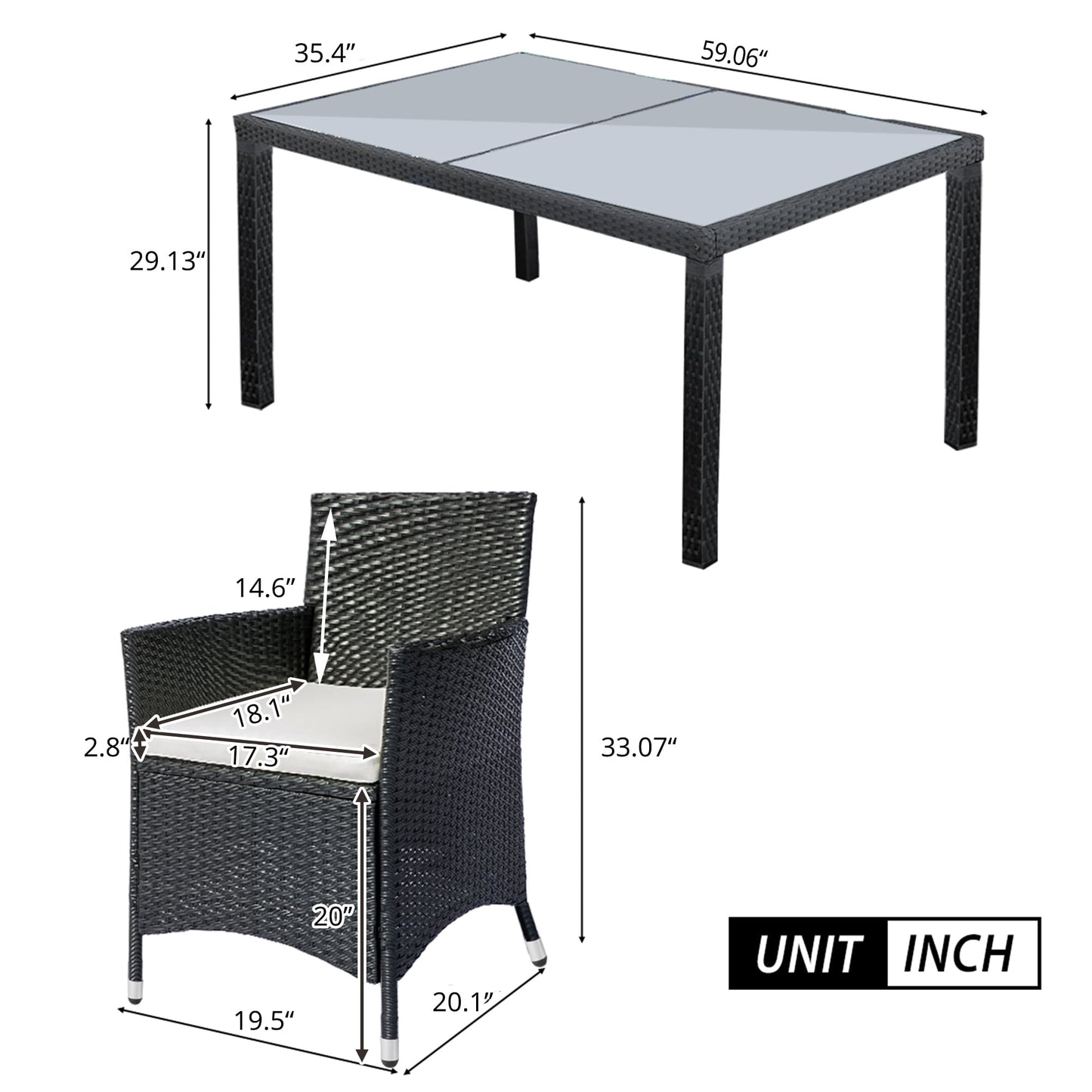 7 Piece Patio Table and Chairs, All Weather Wicker Outdoor Furniture Dining Set with 6 Chairs and Removable Cushions, Patio Seating Sets for Backyards, Porches, Lawn