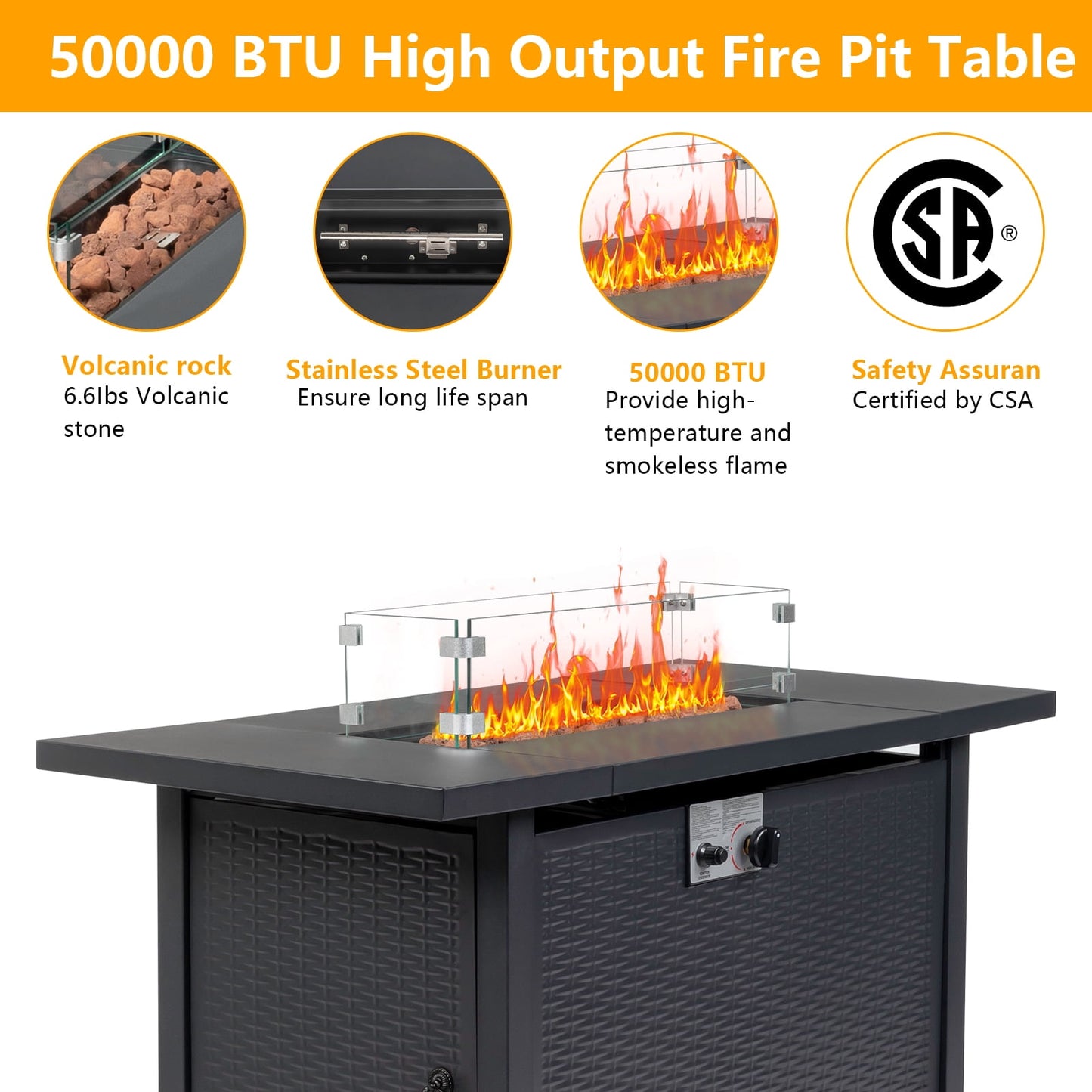 44" Outdoor Propane Fire Pit, Pe Wicker Gas Fire Pit Table with Glass Wind Guard and Waterproof Cover, 50,000 BTU & Auto-Ignition, DT5