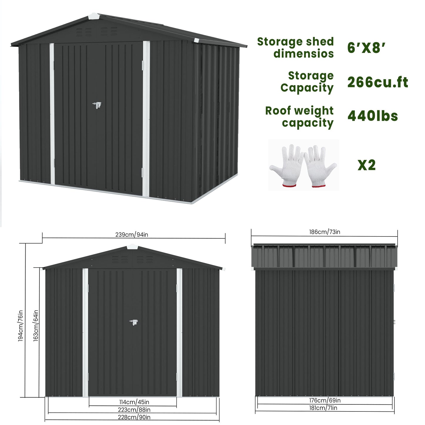 8ft x 6ft Outdoor Storage Shed with Foundation, Large Metal Garden Storage Shed, Lockable Door Garage Patio Tool Sheds for Lawnmower, Garden Tools, Bike and Garbage Can, Black