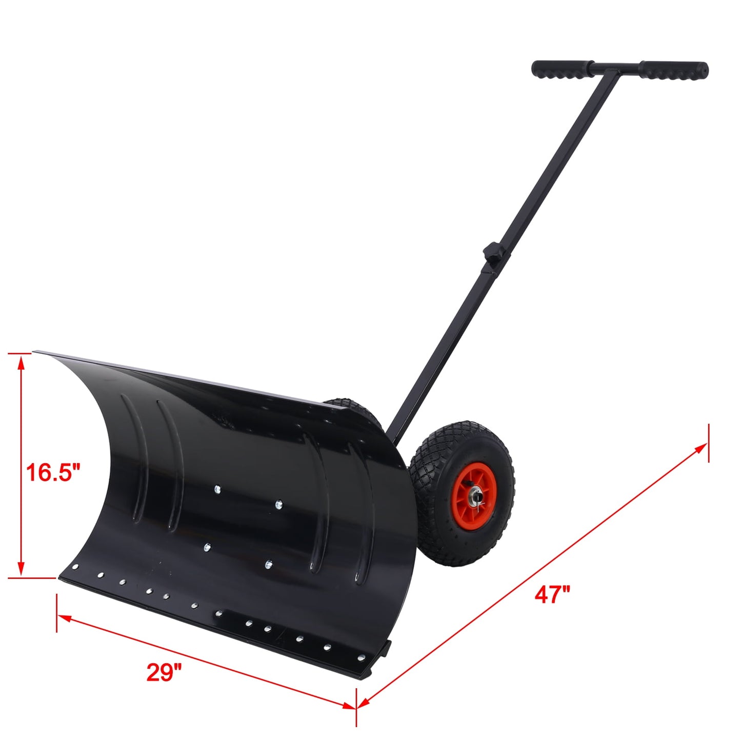 29" Snow Shovel with Wheels, Heavy Duty Metal Snow Pusher Shovel for Driveway,