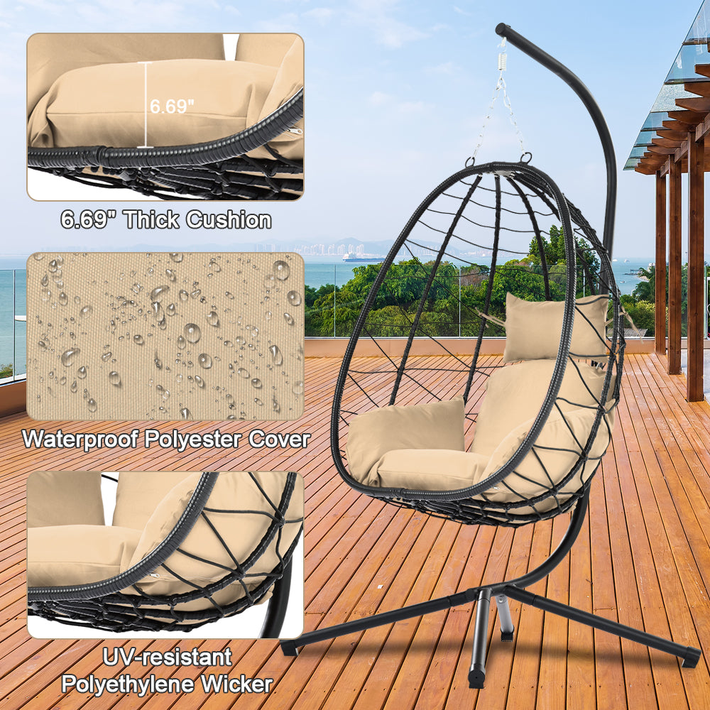 Outdoor Egg Chair, Patio Wicker Swing Egg Chair with Stand, Steel Frame Hanging Chair with Soft Cushion and Pillow for Bedroom Patio Balcony