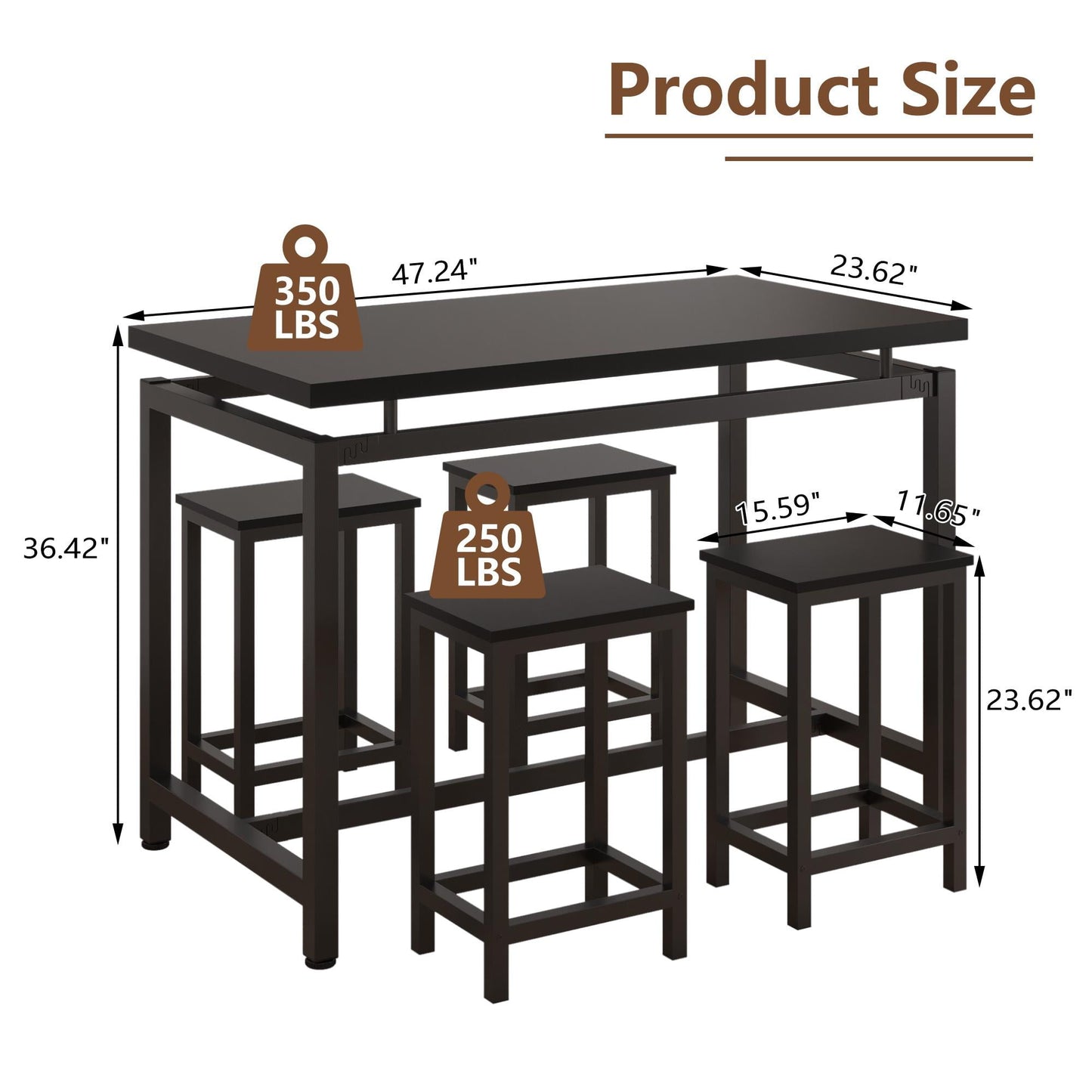 Dining Room Set for 4, Kitchen Bar Table Set with 4 Stools, Rectangle Counter Height Dining Set, Saving Space Bistro Table Sets for Kitchen Bar Breakfast Nook, Black